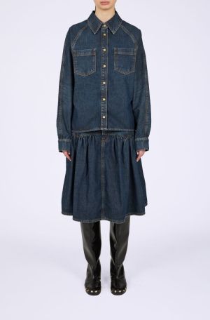 SLUB MIX DENIM MIDI SKIRT DARK BLUE VINTA