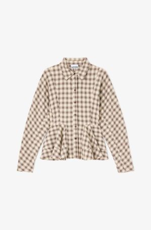 LIGHT CHECK FLANNEL PEPLUM SHI OYSTER GRAY 873