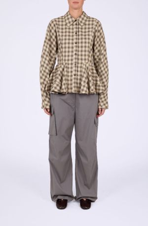 LIGHT CHECK FLANNEL PEPLUM SHI OYSTER GRAY 873